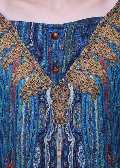 Peacock Blue V Neck Print Side Open Button Silk Long Dresses Summer