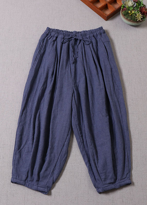 Blue Cinched Pockets Cotton Harem Pants Spring