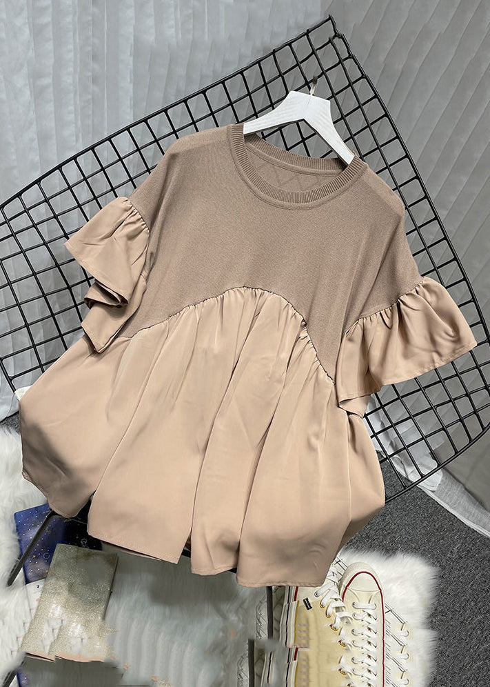 Black Patchwork Loose Chiffon Tops O Neck Flare Sleeve