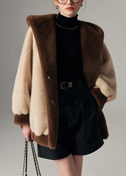 Beige Hooded Pockets Patchwork Mink Hair Coats Winter