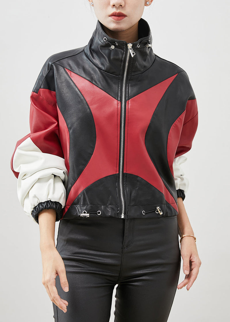 Colorblock Drawstring Patchwork Faux Leather Jackets Spring