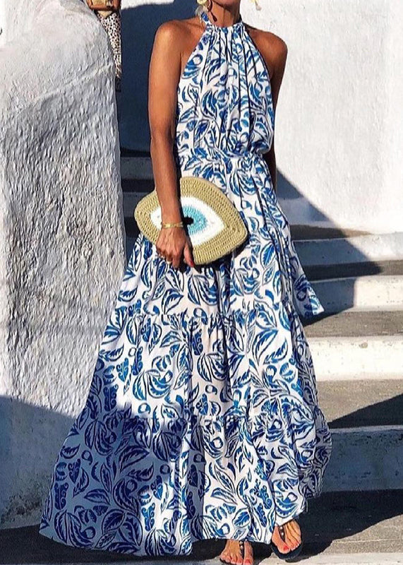 Italian Green Backless Print Cotton Maxi Halter Dresses Summer