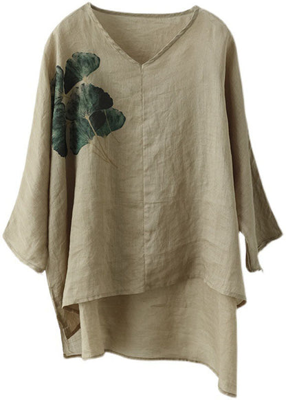 White V Neck Print Linen Shirt Top Batwing Sleeve