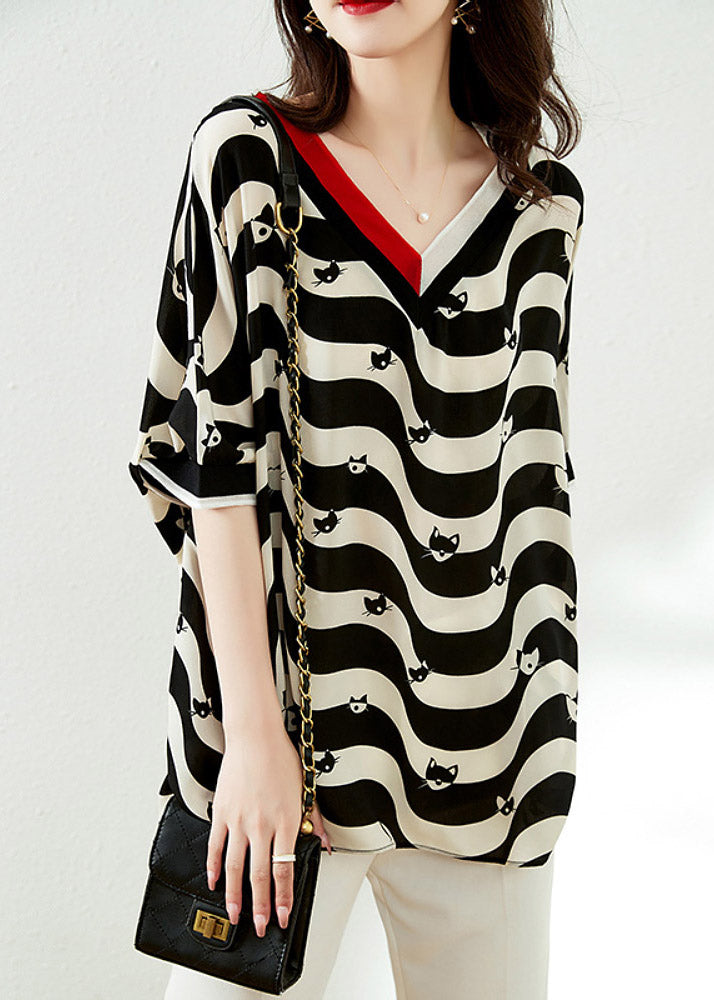 Black V Neck Striped Low High Design Chiffon Tops Half Sleeve