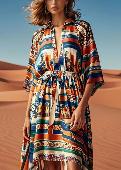 Brown Cinched Print Silk Beach Dress Summer