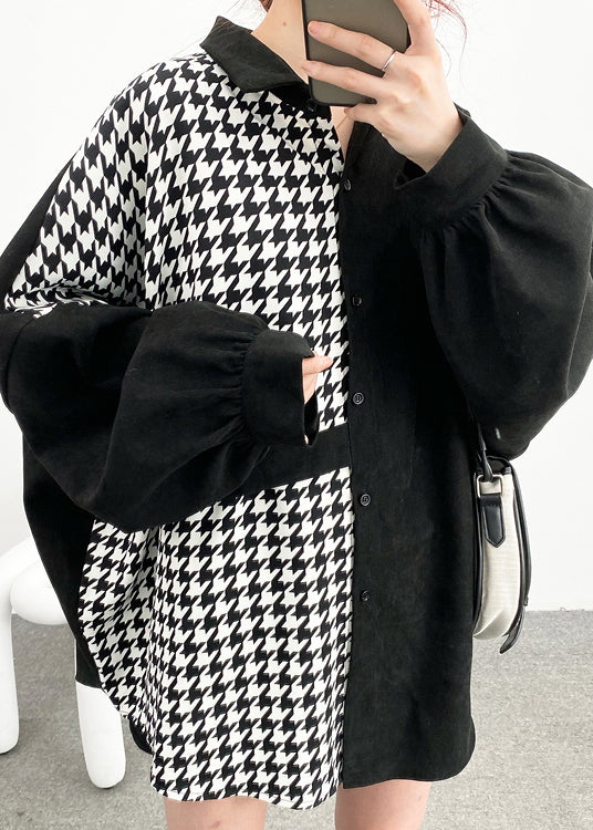 Black Asymmetrical Button Patchwork Cotton Shirt Batwing Sleeve