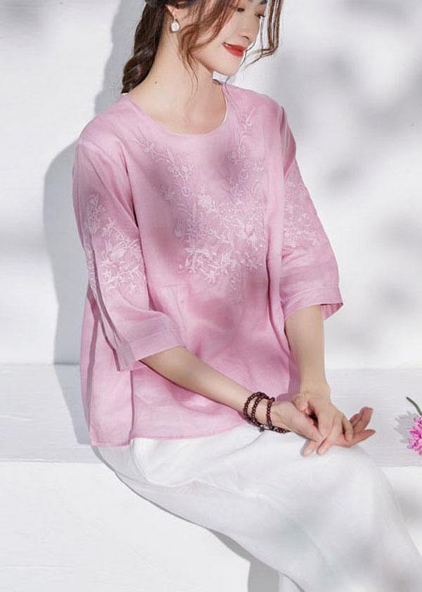 Art Pink O-neck Embroideried Patchwork Summer Ramie Shirt Top Half Sleeve