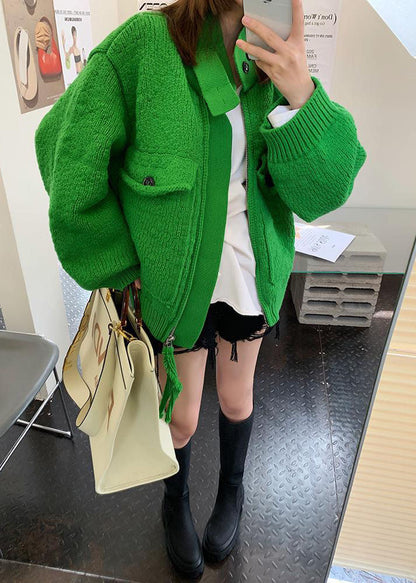 Natural Green Zippered Button Pockets Patchwork Fall Knit Sweaters Coat