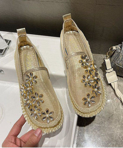 Gold Penny Loafers Breathable Mesh Retro Splicing Zircon