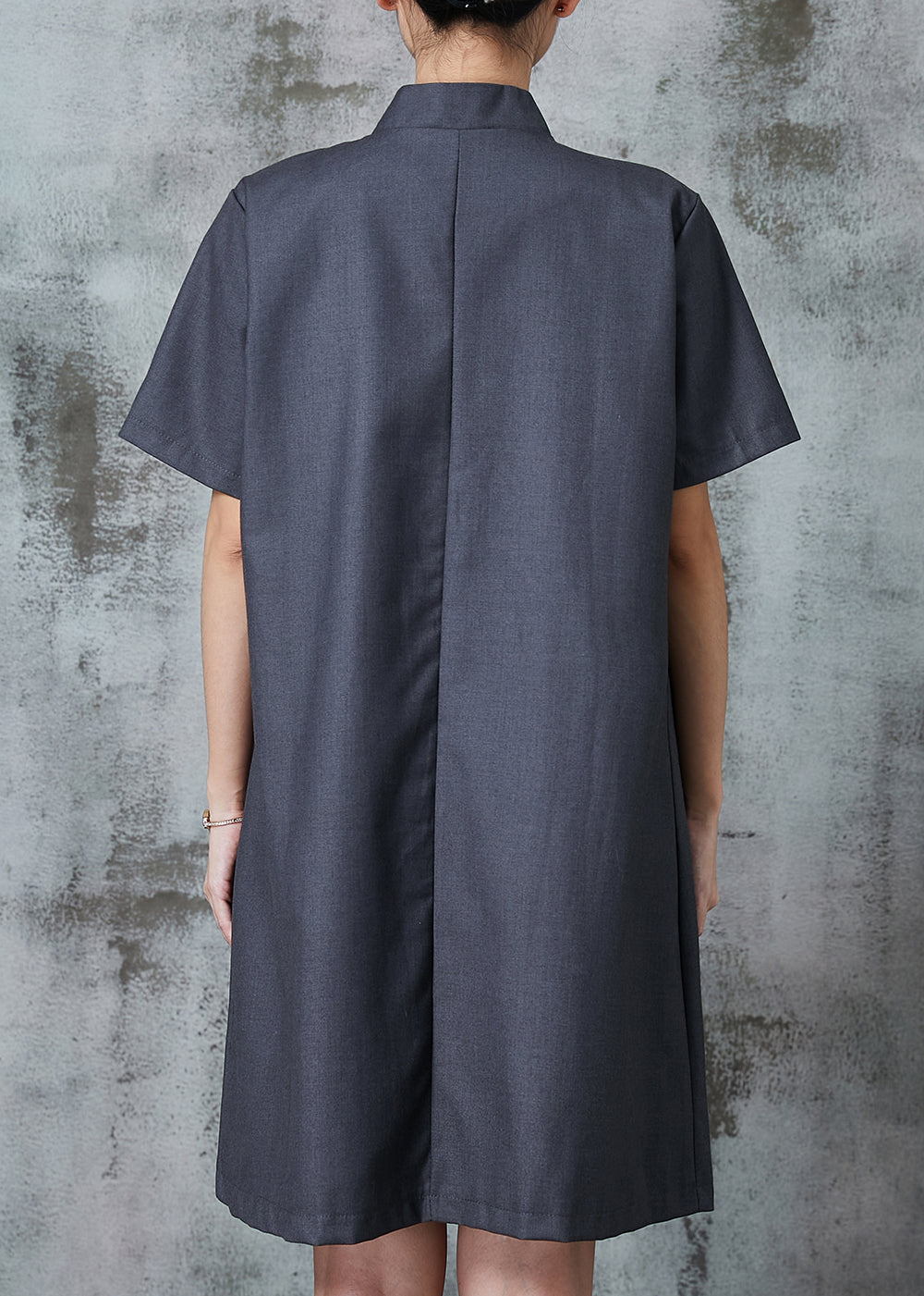 Grey Chinese Button Pockets Linen Dress Summer