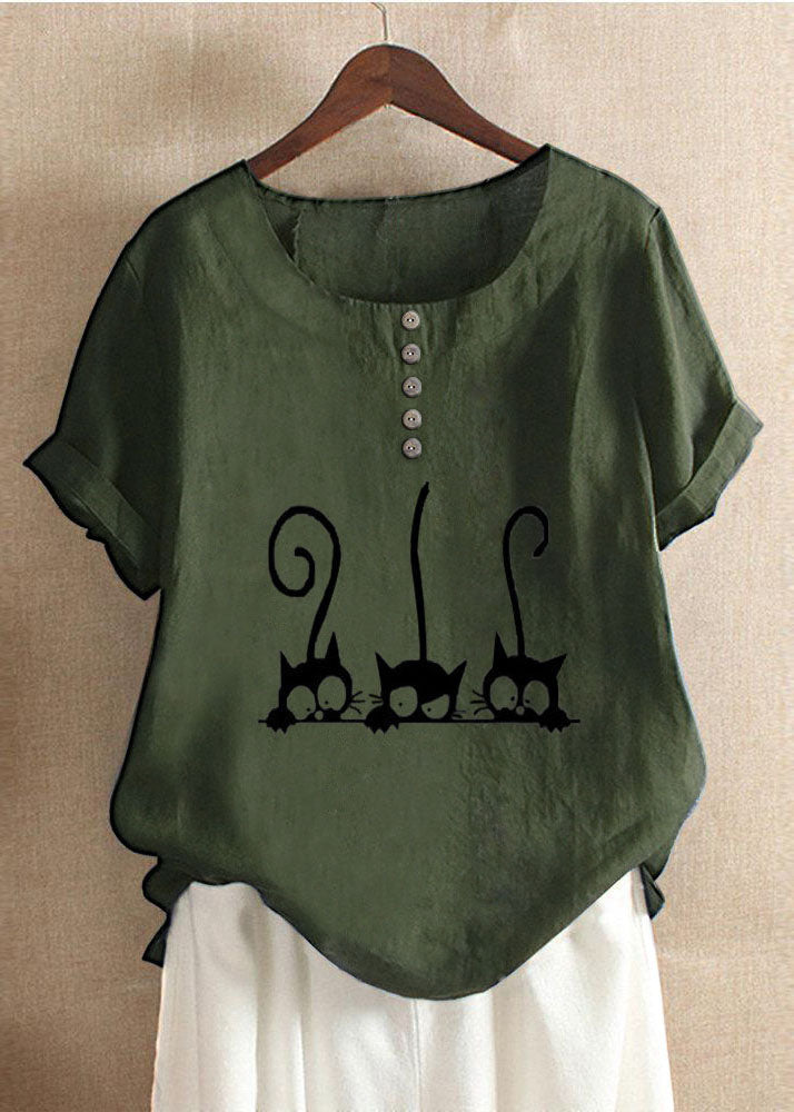Cartoon Cat Print Crew Neck Short Sleeve Blouse