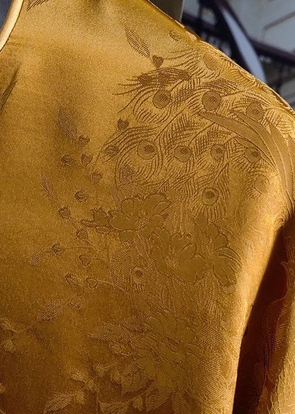 Yellow Button Jacquard Patchwork Silk Shirt O Neck Long Sleeve Fall