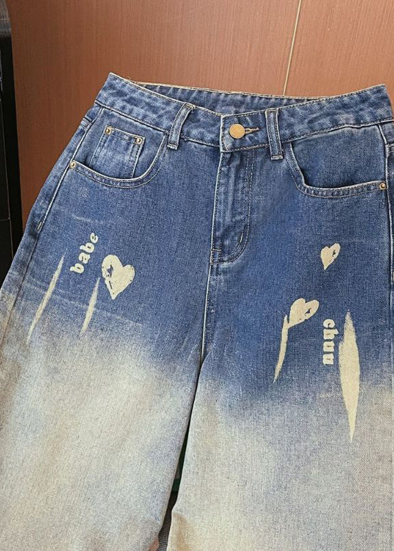 Denim Blue High Waist Pockets Tie Dye Wide Leg Pants Winter