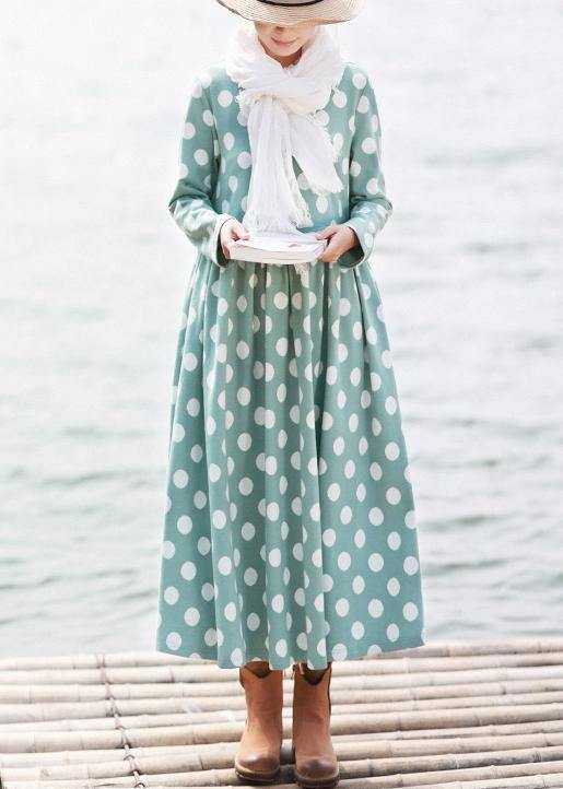 Diy O Neck Cinched Spring Quilting Dresses Pattern Green Dotted Loose Dresses