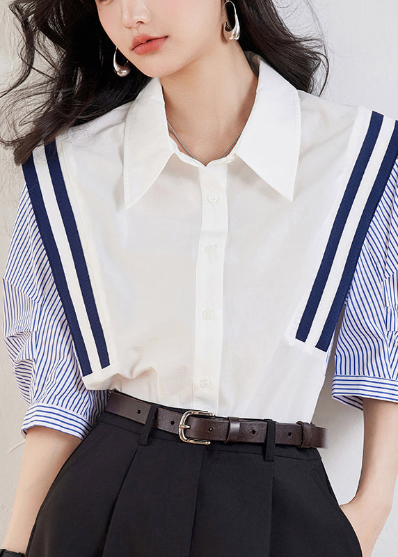 White Peter Pan Collar Striped Patchwork Top Half Sleeve