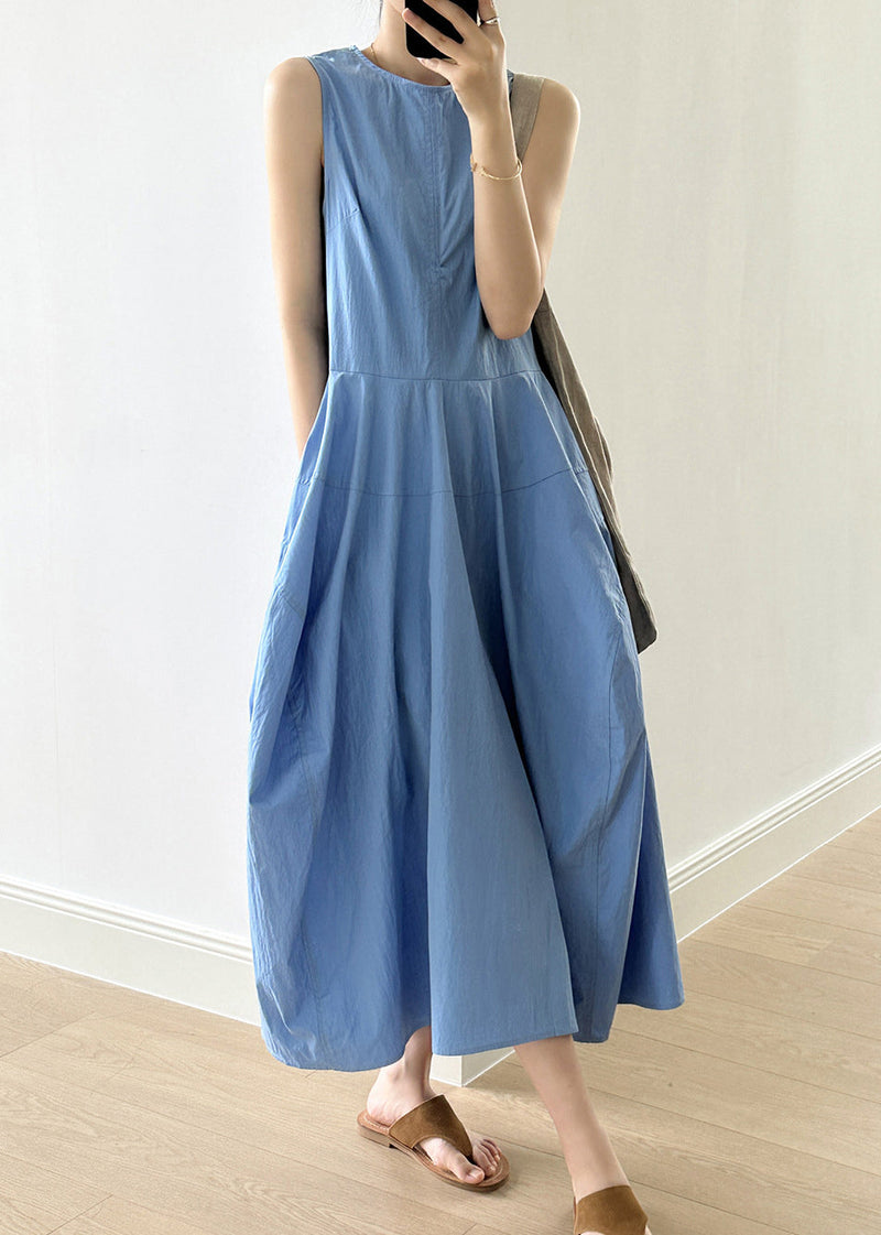 New Blue O-neck Pockets Cotton Long Dresses Sleeveless Summer
