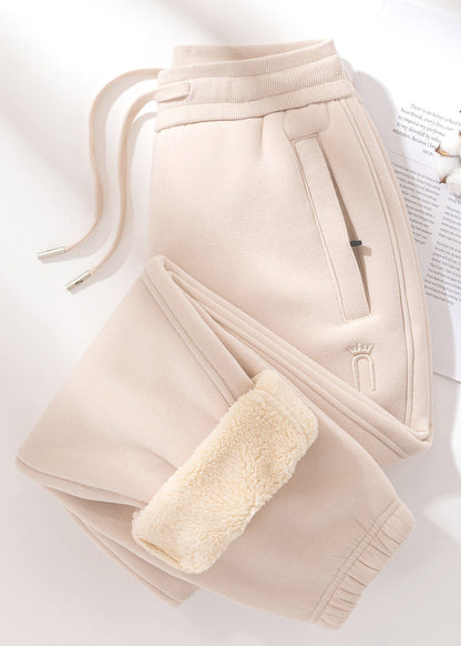 Grey Pockets Elastic Waist Teddy Warm Fleece Pants Winter