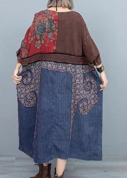 Colorblock O Neck Patch Cotton Dress Spring