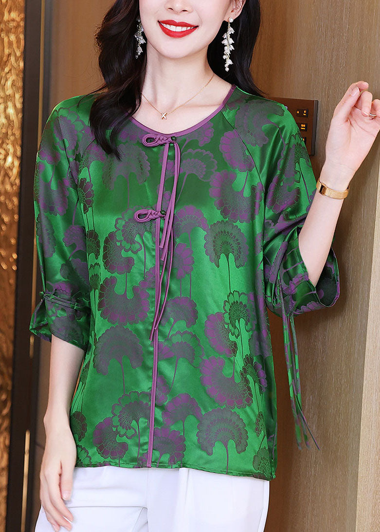Green Oriental O-neck Ribbon Silk Tops Bracelet Sleeve