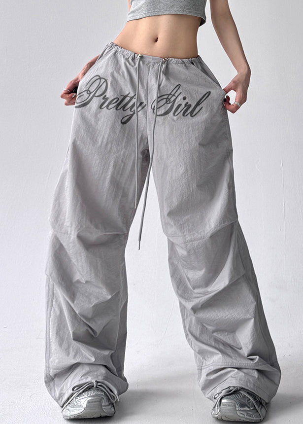 Grey Pockets Cotton Wide Leg Pants Drawstring