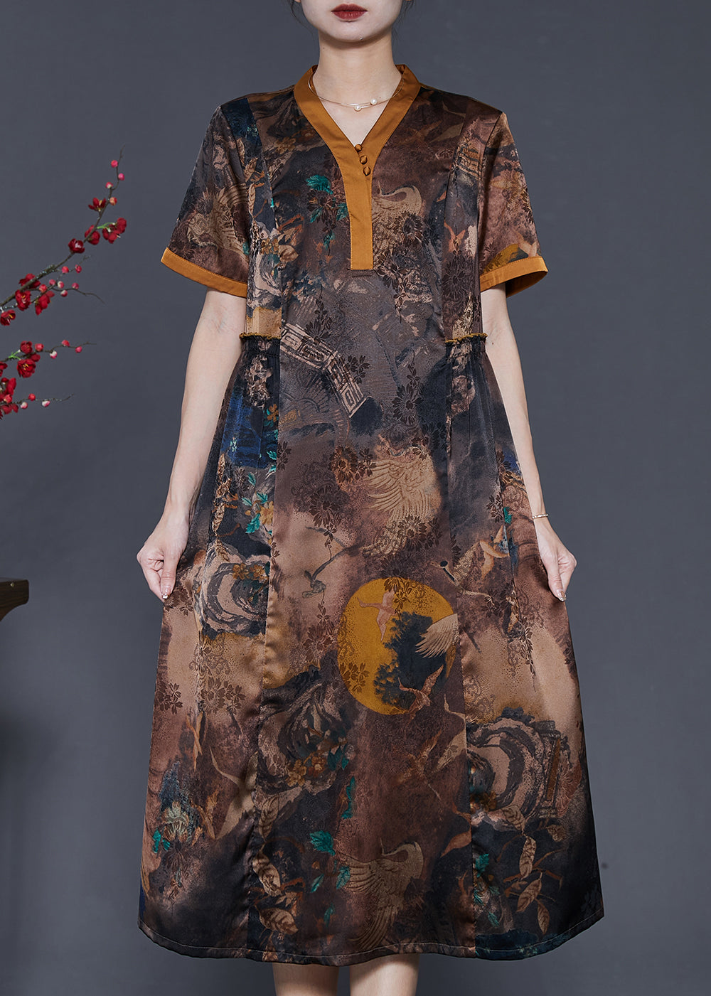 Brown Print Silm Fit Silk Long Dress Summer