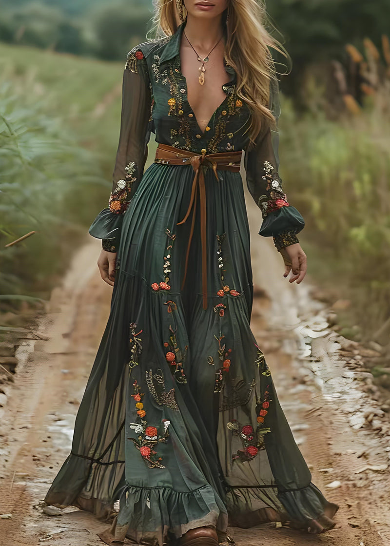 Green Peter Pan Collar Print Wrinkled Chiffon Long Dresses Spring