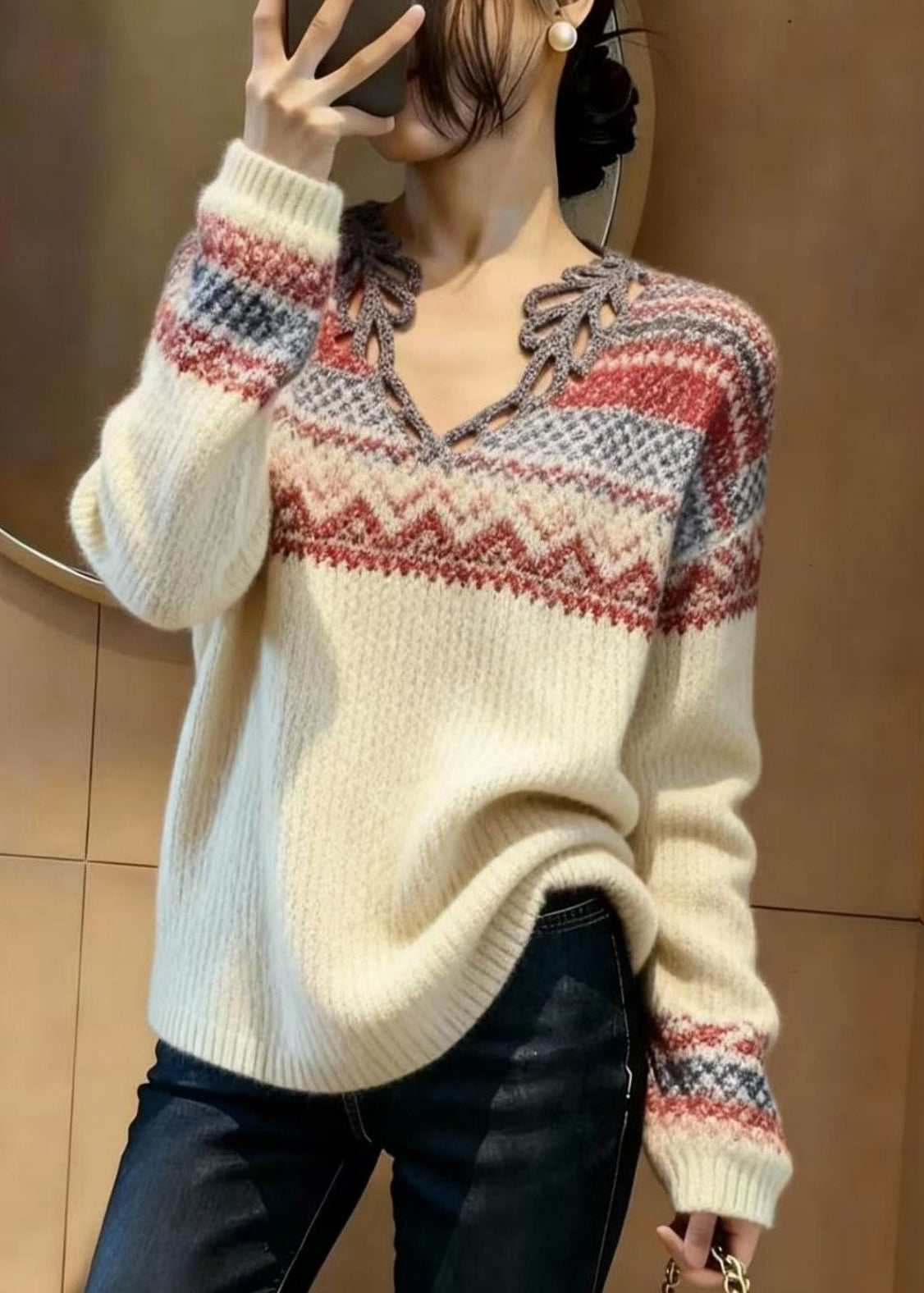 Beige V Neck Print Knitted Tops Spring