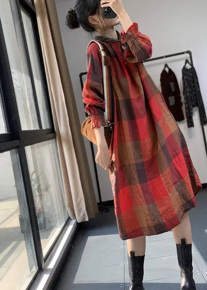 Red Plaid Patchwork Cotton Dresses Fall