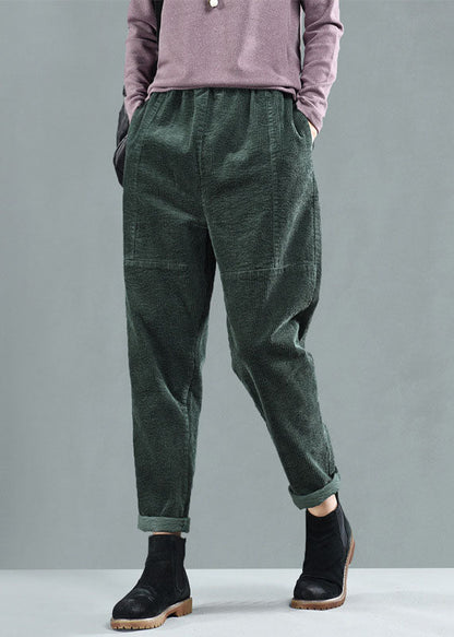 Green Elastic Waist Patchwork Corduroy Harem Pants Fall