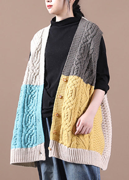 Diy Apricot V Neck Patchwork Knit Waistcoat Sleeveless