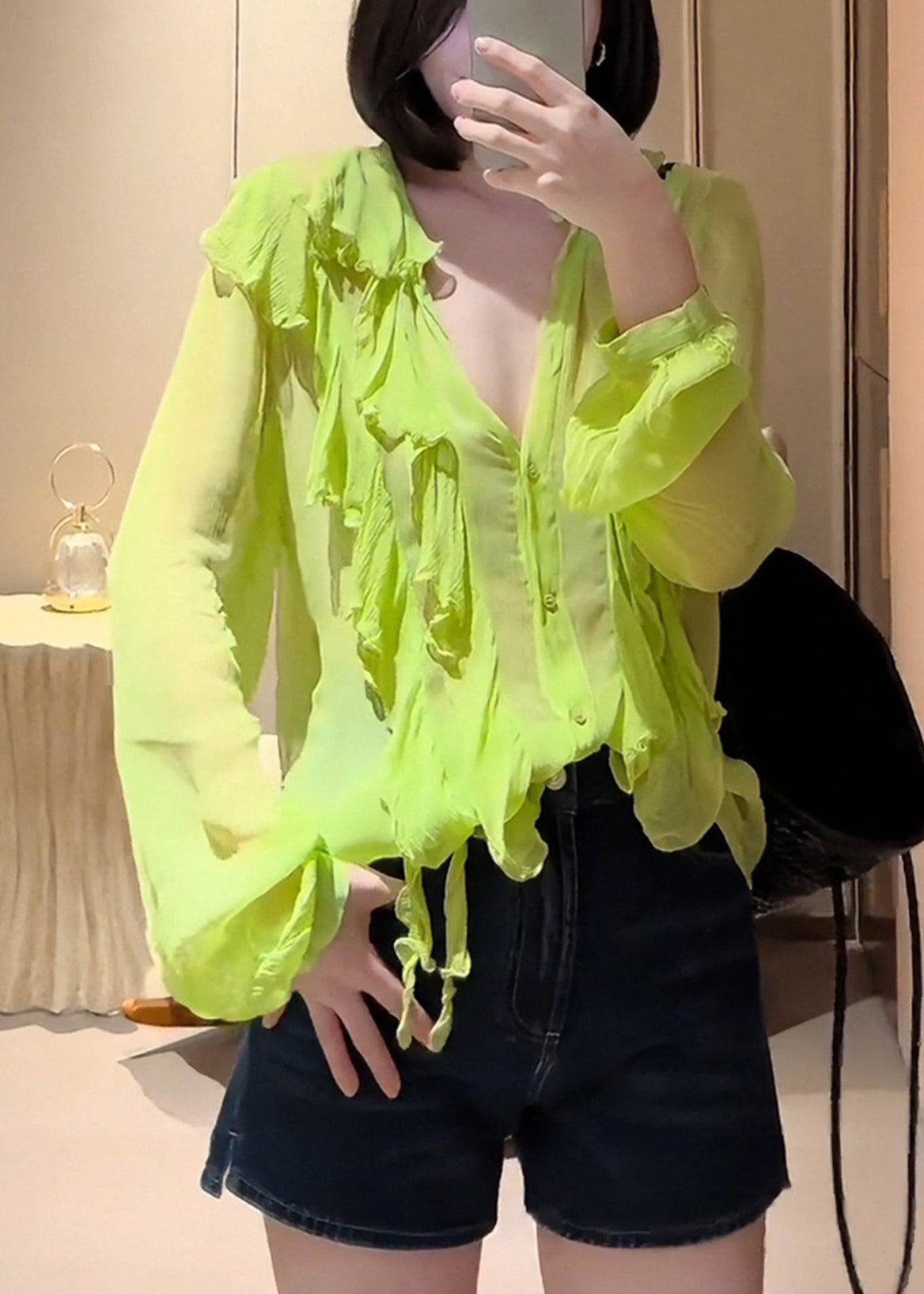 Modern Fluorescent Green Ruffled Chiffon Upf 50+ Top Fall