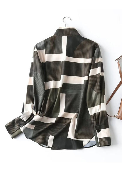 Dark Green Stand Collar Striped Patchwork Shirt Long Sleeve