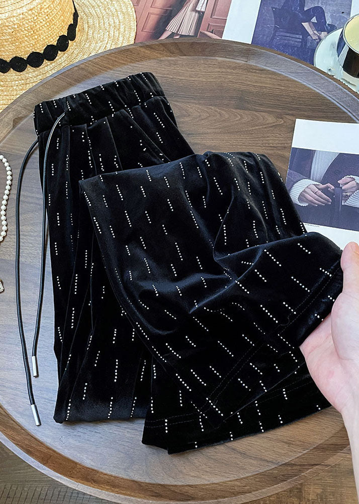 Black Print Wrinkled Elastic Waist Wide Leg Pants Fall