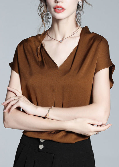 Boutique Coffee V Neck Silk Shirt Short Sleeve