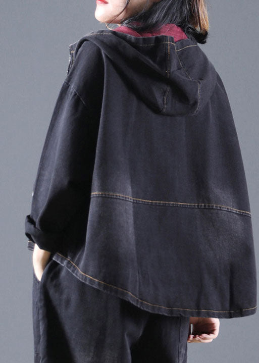 Handmade Black Hooded Denim Coats Spring