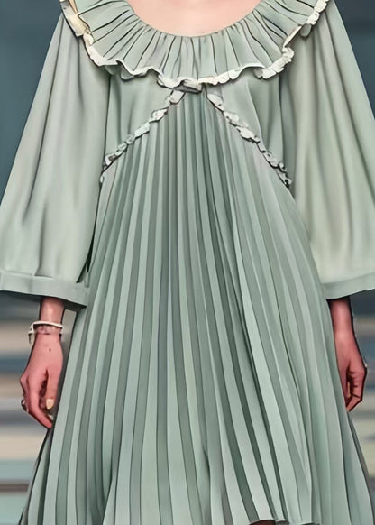 Green Peter Pan Collar Wrinkled Chiffon Mid Dresses Summer