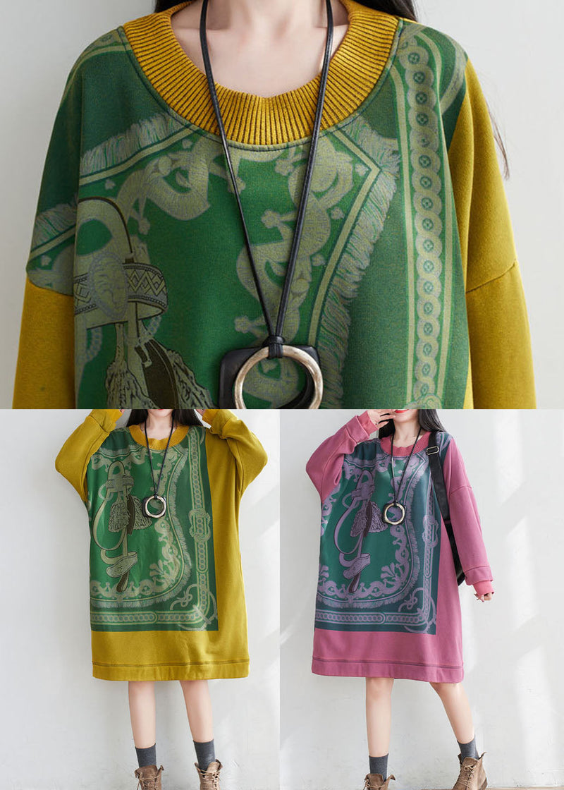 Yellow Patchwork Cotton Loose Sweatshirt Dress O-neck Print Spring