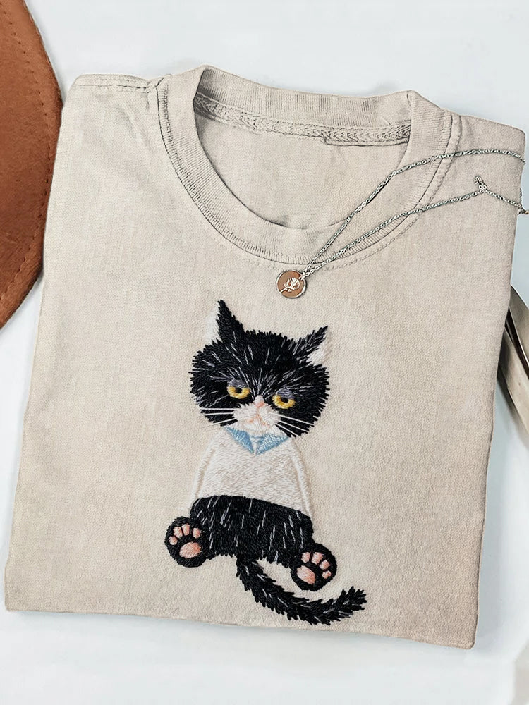 Black Cat Embroidery Linen Casual T-Shirt elevenforest