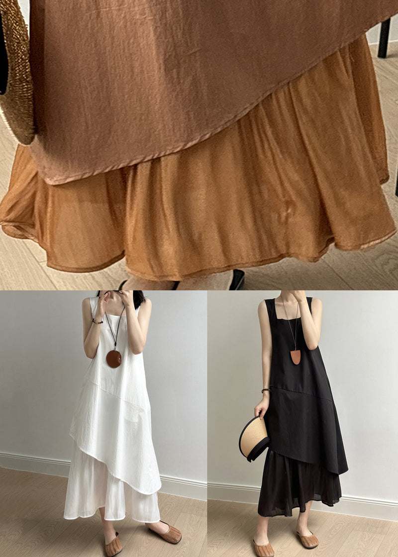Simple Black Asymmetrical Pockets Cotton Long Dress Summer