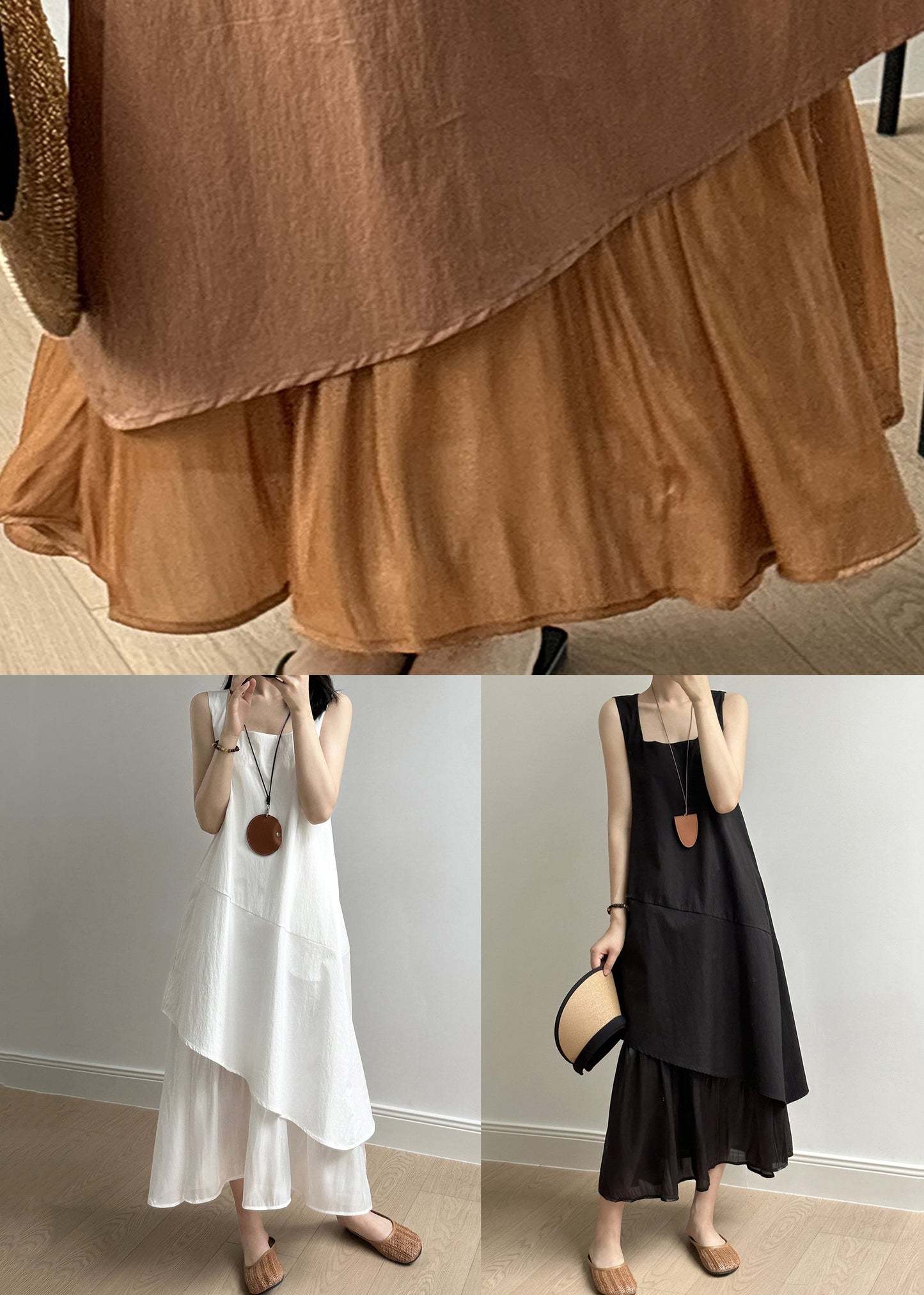 Simple Black Asymmetrical Pockets Cotton Long Dress Summer