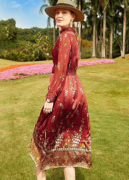 Red Stand Collar Hollow Out Print Patchwork Silk Dresses Fall
