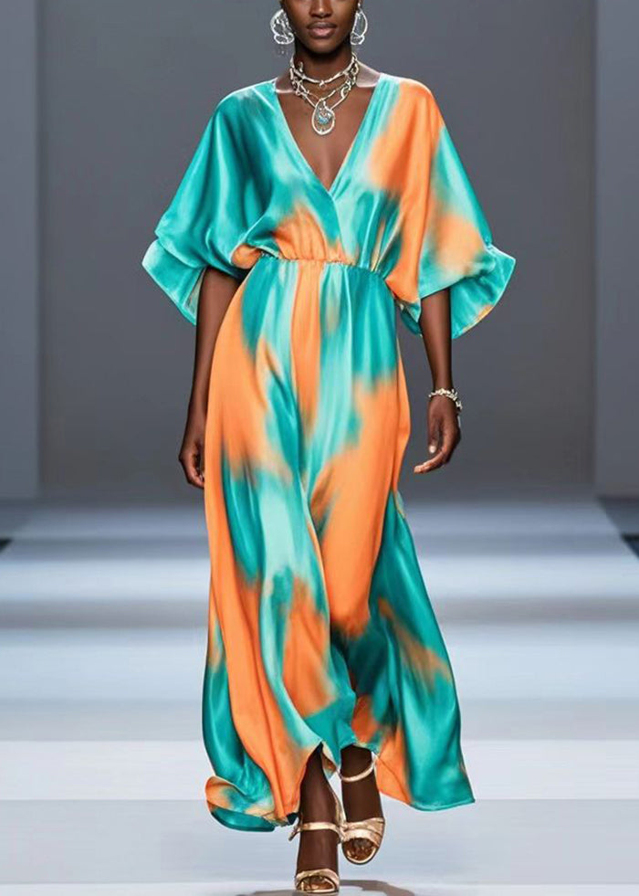 Organic Green V Neck Tie Dye Silk Dress Batwing Sleeve Summer