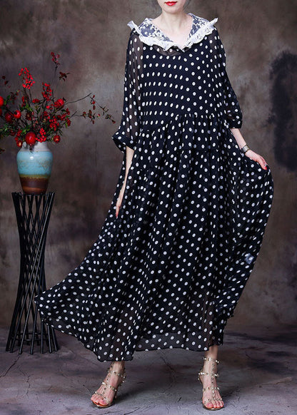 Simple Black Hooded Patchwork Lace Dot Print Silk Long Dress Two Piece Set Clothing Summer
