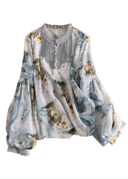 Italian Colorblock Button Stand Collar Ruffled Patchwork Tops Lantern Sleeve