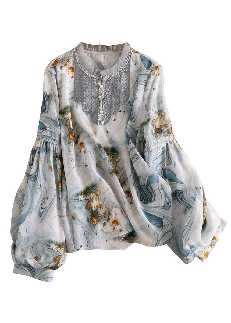 Italian Colorblock Button Stand Collar Ruffled Patchwork Tops Lantern Sleeve