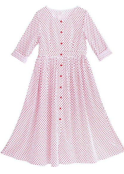 White Dot Cinched Button Long Summer Cotton Dress