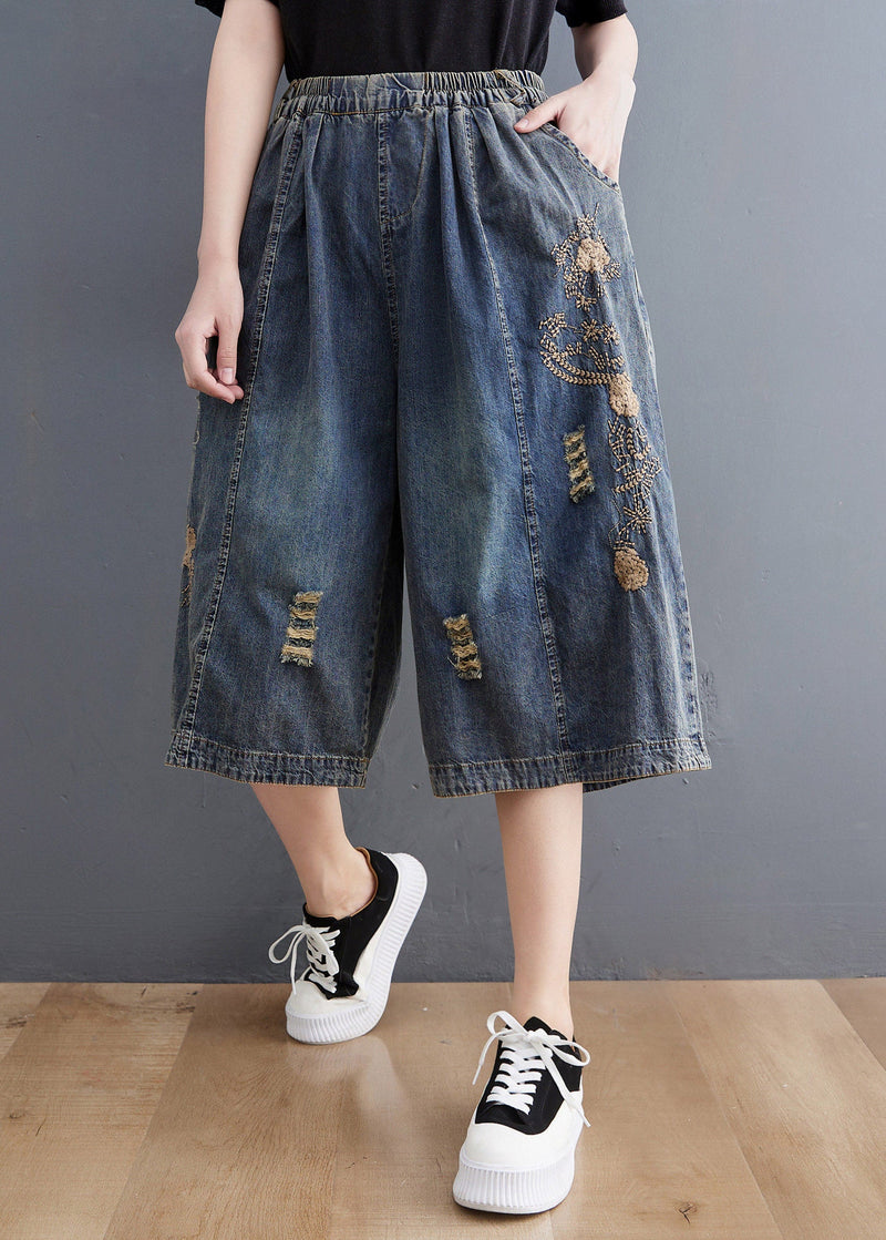 Blue Embroidered Hole Crop Jeans