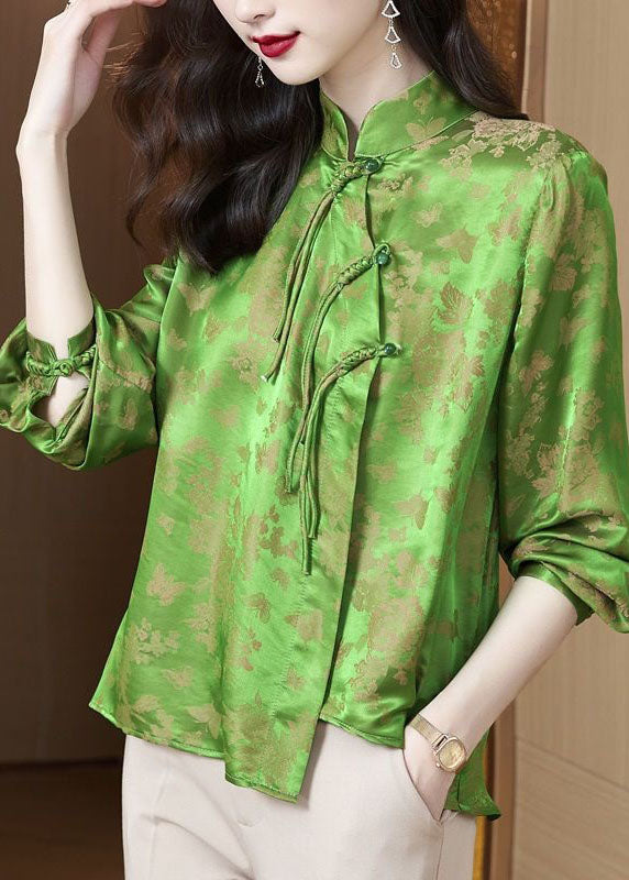 Green Tasseled Chinese Button Jacquard Patchwork Silk Shirt Spring