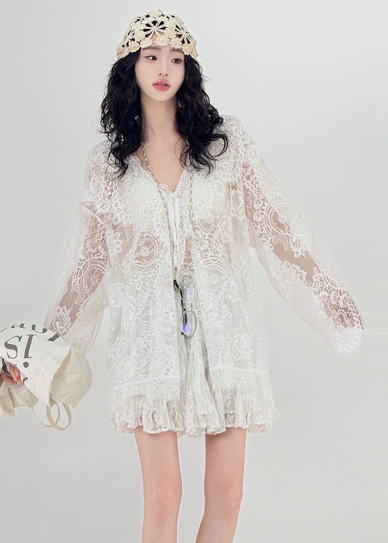 White Oversized Hollow Out Lace Upf 50+ Cardigan Spring