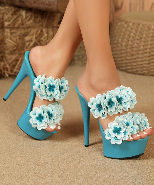 Baby Blue Patchwork Stiletto Heels Classy Slide Sandals